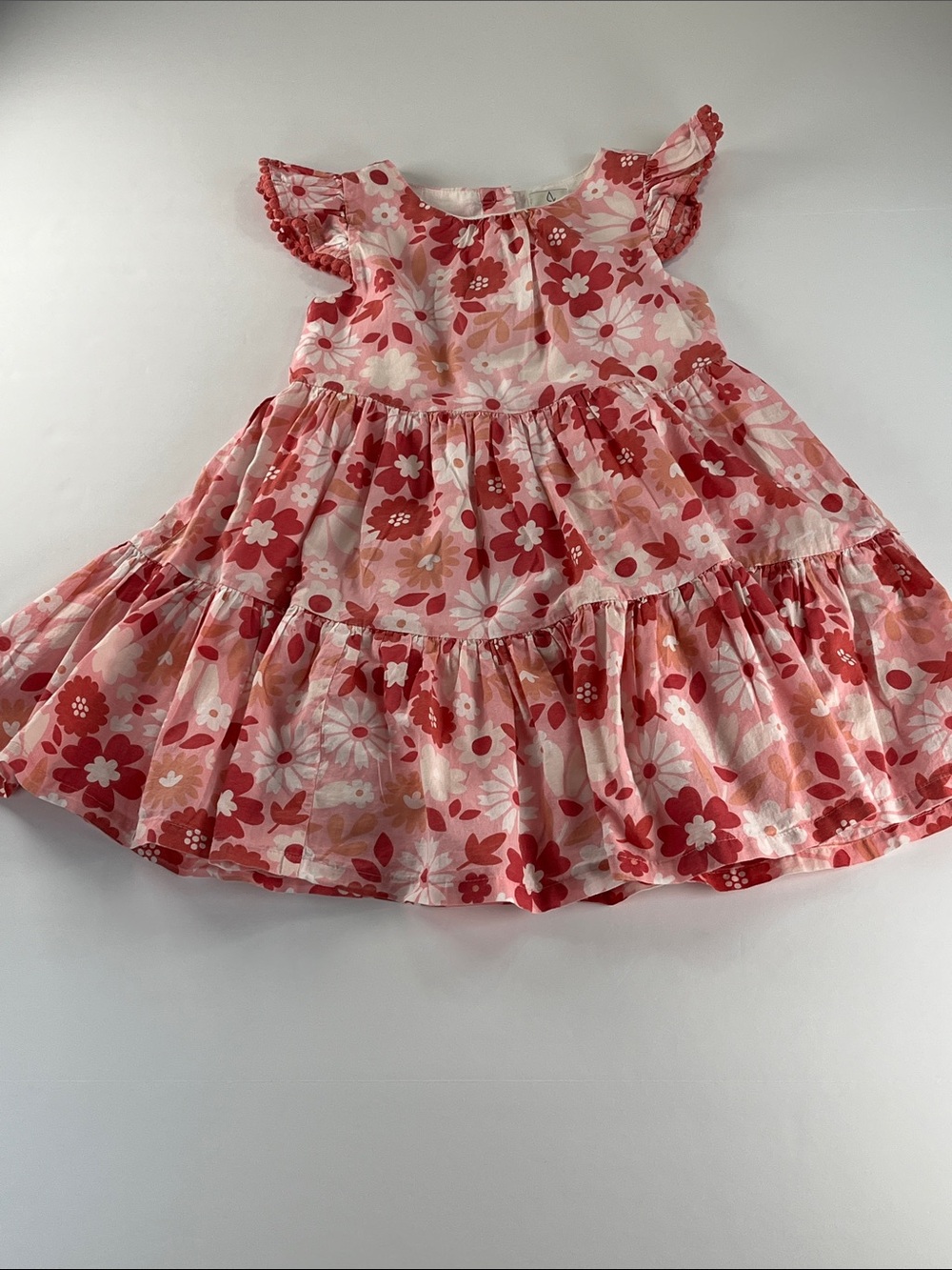 Joie Girls Pink Floral Tiered Cotton Dress with Flutter Sleeves Sz 4